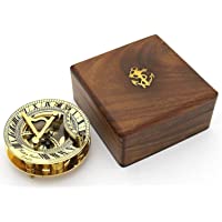 Nautical Replica Hub Reloj de Sol y brújula de latón Macizo en Caja de Madera – brújula de latón Pulido